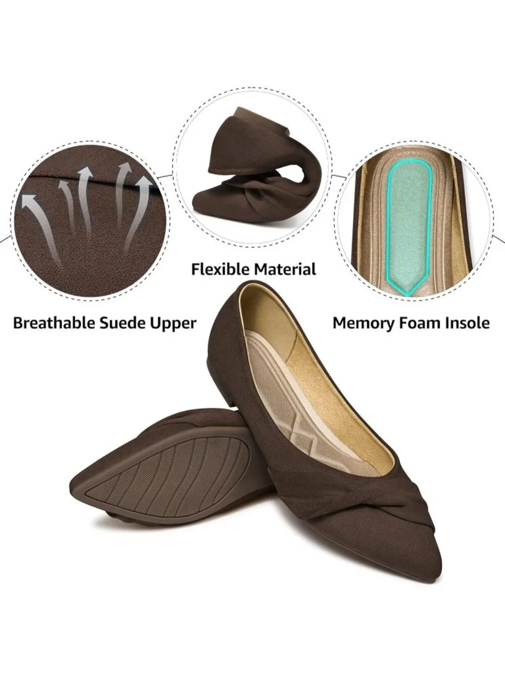 Women's Coffee Suede Comfortable Lightweight Casual Slip On Pointed Toe Bow Flat